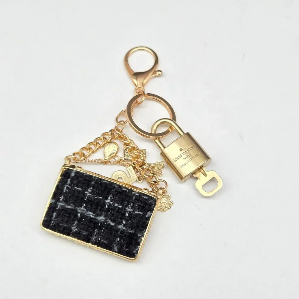 Authentic Louis Vuitton Padlock & Key Gold ✨Unbranded Tweed Bag Charm Keychain